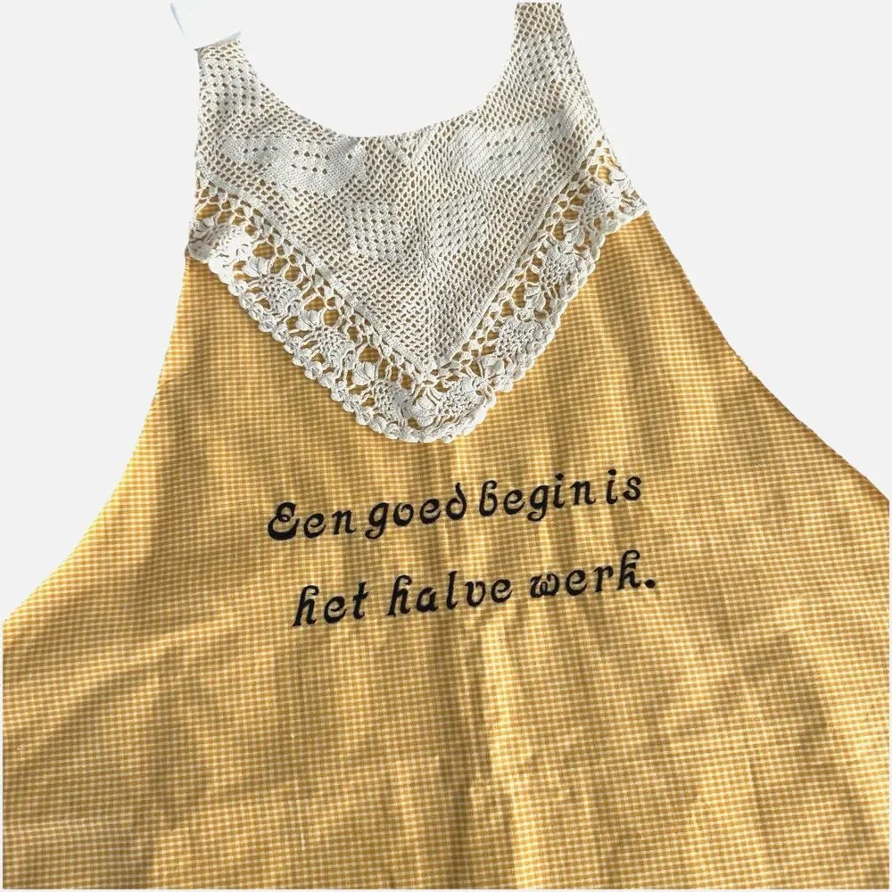 Vtg 1950s 1960s Full Apron Dutch Boys Girls Yellow Gingham Cotton Lined 1/2 Work